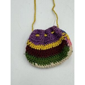 Vtg Handmade Crocheted Small Round Colorful Pouch Medicine Bag Hippie Necklace